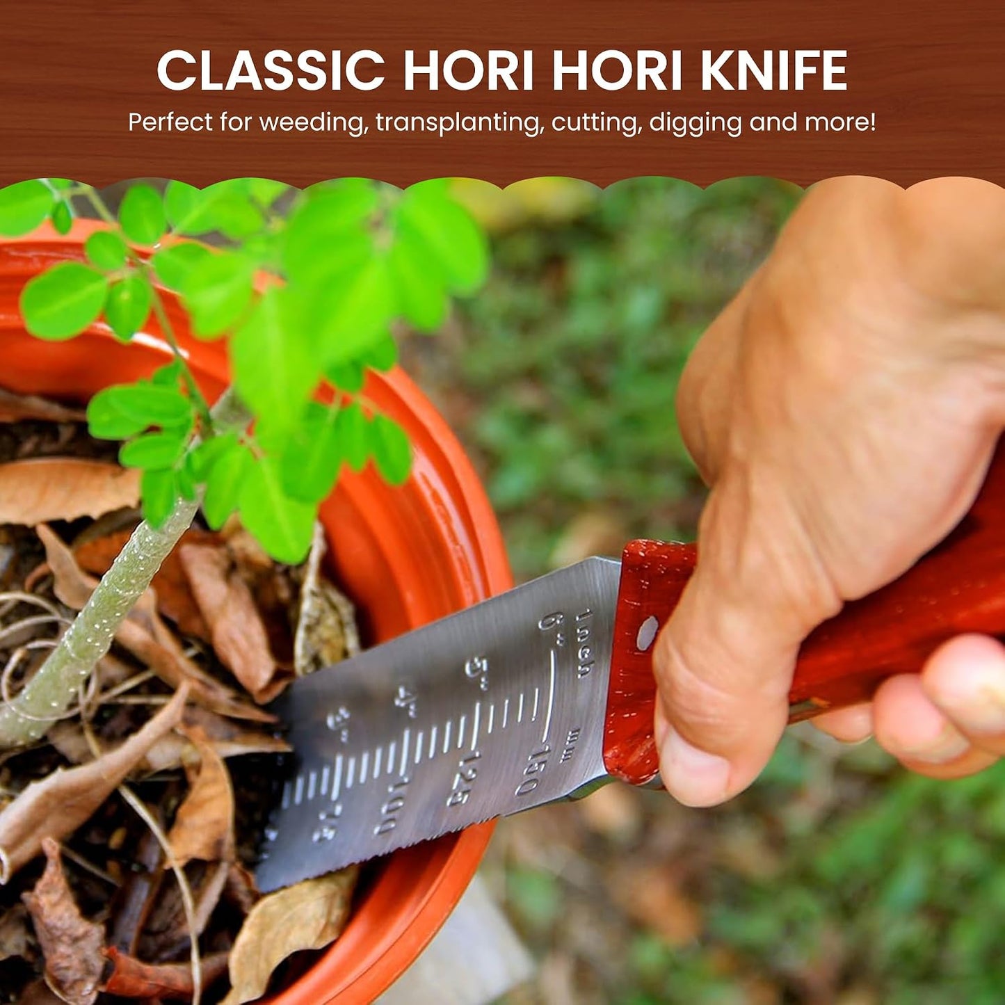 Hori Hori Gardening Knife for Weeding, Digging, Pruning, and Cultivating - Stainless Steel Full Tang Blade | Marks for Measuring Planting Depth