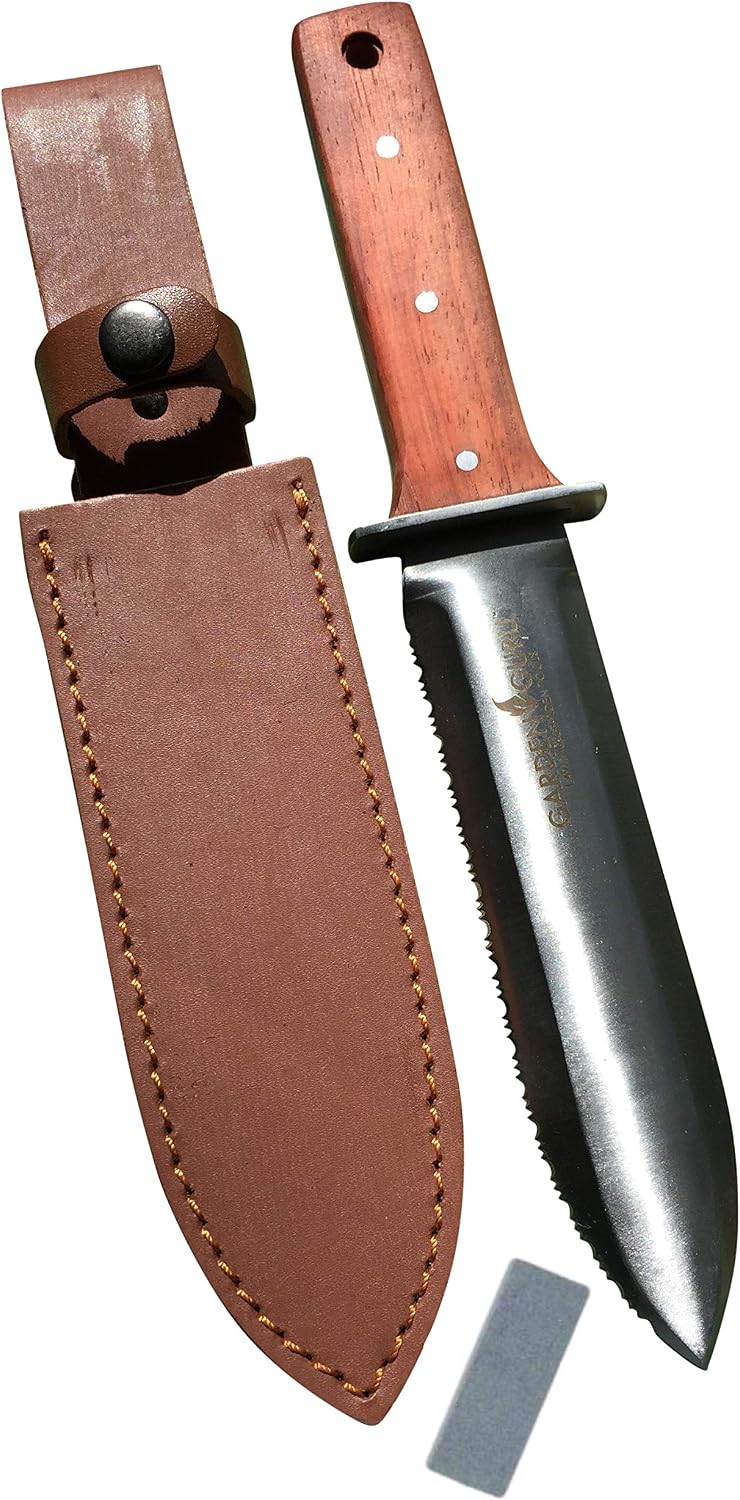 Hori Hori Gardening Knife for Weeding, Digging, Pruning, and Cultivating - Stainless Steel Full Tang Blade | Marks for Measuring Planting Depth