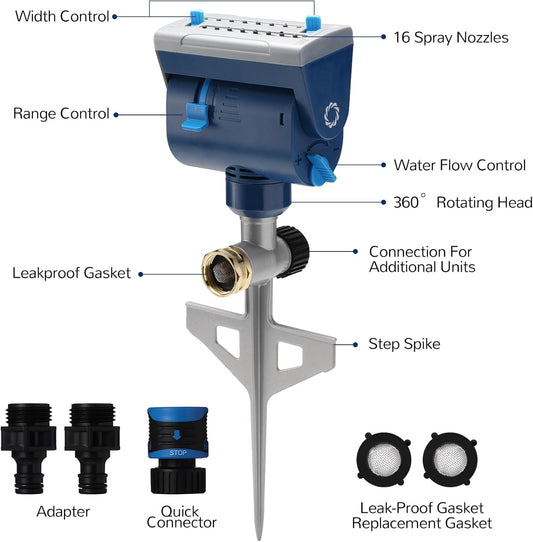Oscillating Sprinkler with Metal Step Spike and Quick Connect Adapter Set, Control Watering Range, Width, and Flow Rate, Covers up to 4,069 sq.ft., AquaVive SR16 [2-Pack]