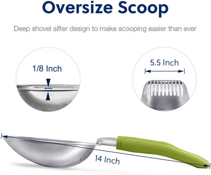Cat Litter Scoop, Aluminum Alloy Sifter, Kitty Metal Scooper, Deep Shovel, Long Handle, Poop Sifting, Kitten Pooper Lifter, Durable, Heavy Duty, for Litter Box