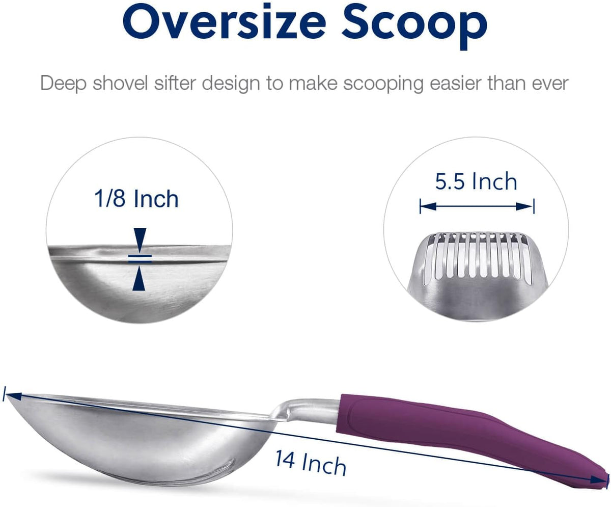 Cat Litter Scoop, Aluminum Alloy Sifter, Kitty Metal Scooper, Deep Shovel, Long Handle, Poop Sifting, Kitten Pooper Lifter, Durable, Heavy Duty, for Litter Box