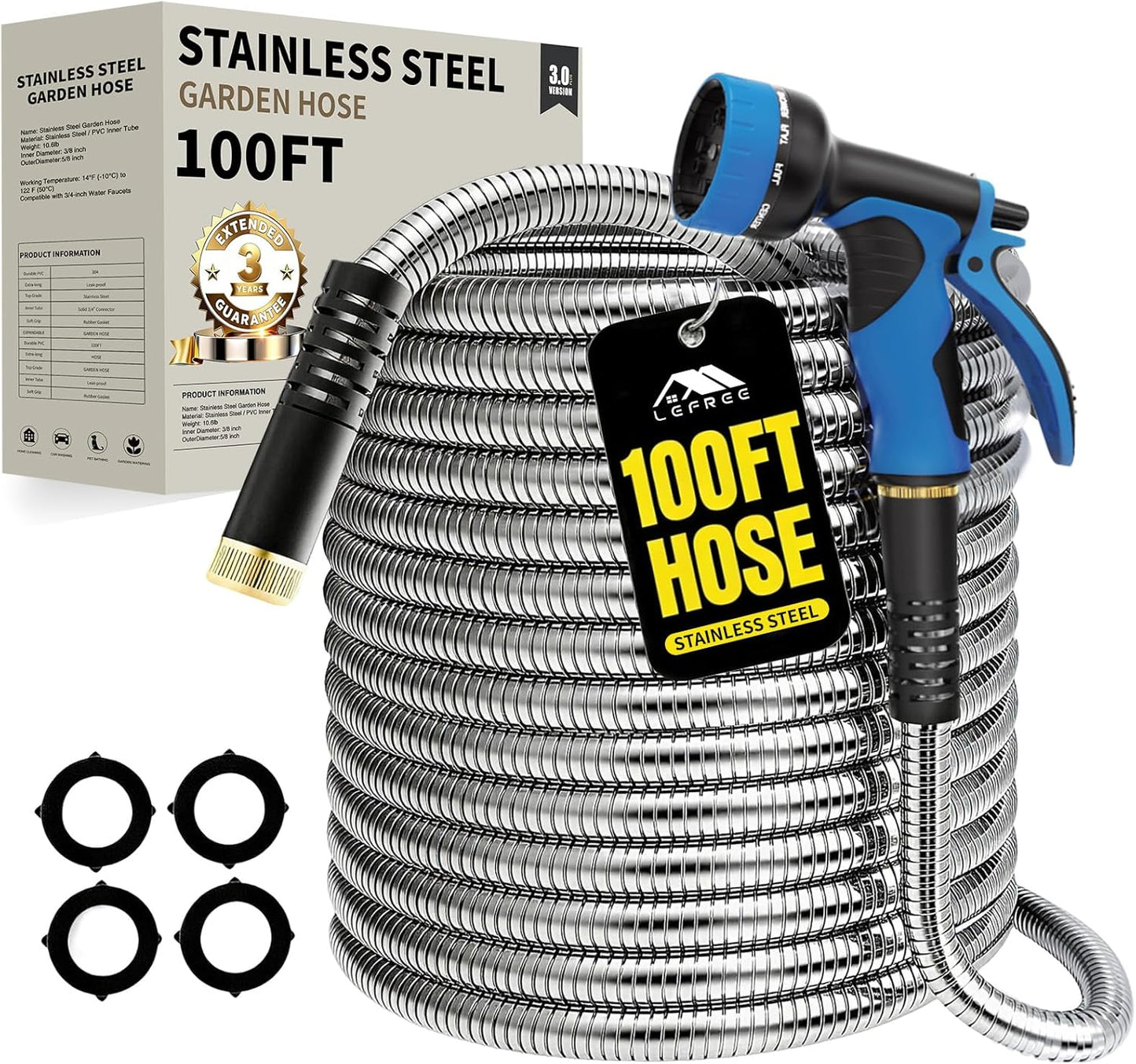 100ft Metal Garden Hose with Upgraded Leak‑Proof Rubber Sleeve