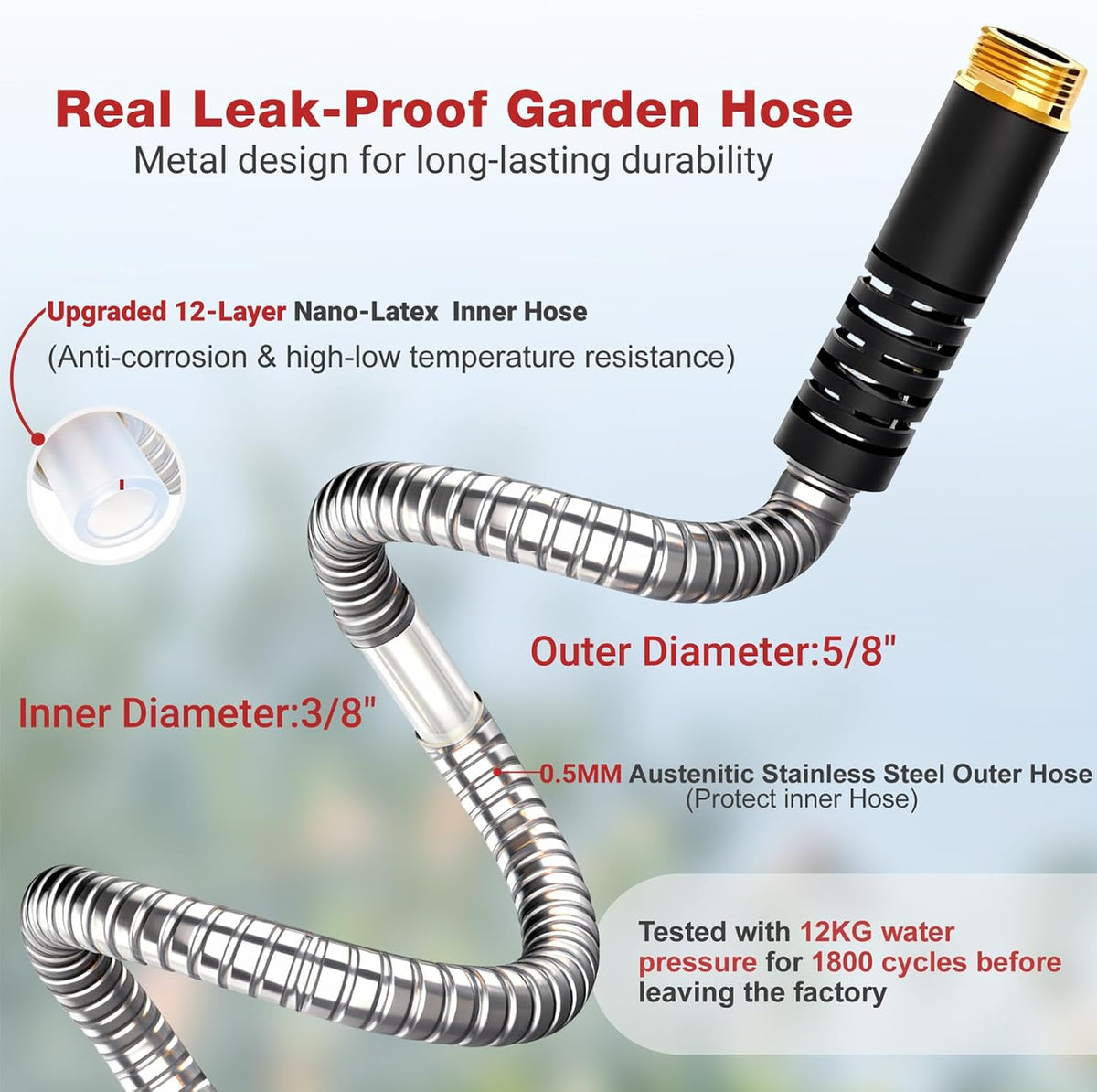 100ft Metal Garden Hose with Upgraded Leak‑Proof Rubber Sleeve