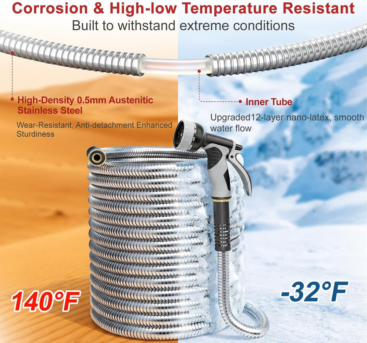100ft Metal Garden Hose with Upgraded Leak‑Proof Rubber Sleeve