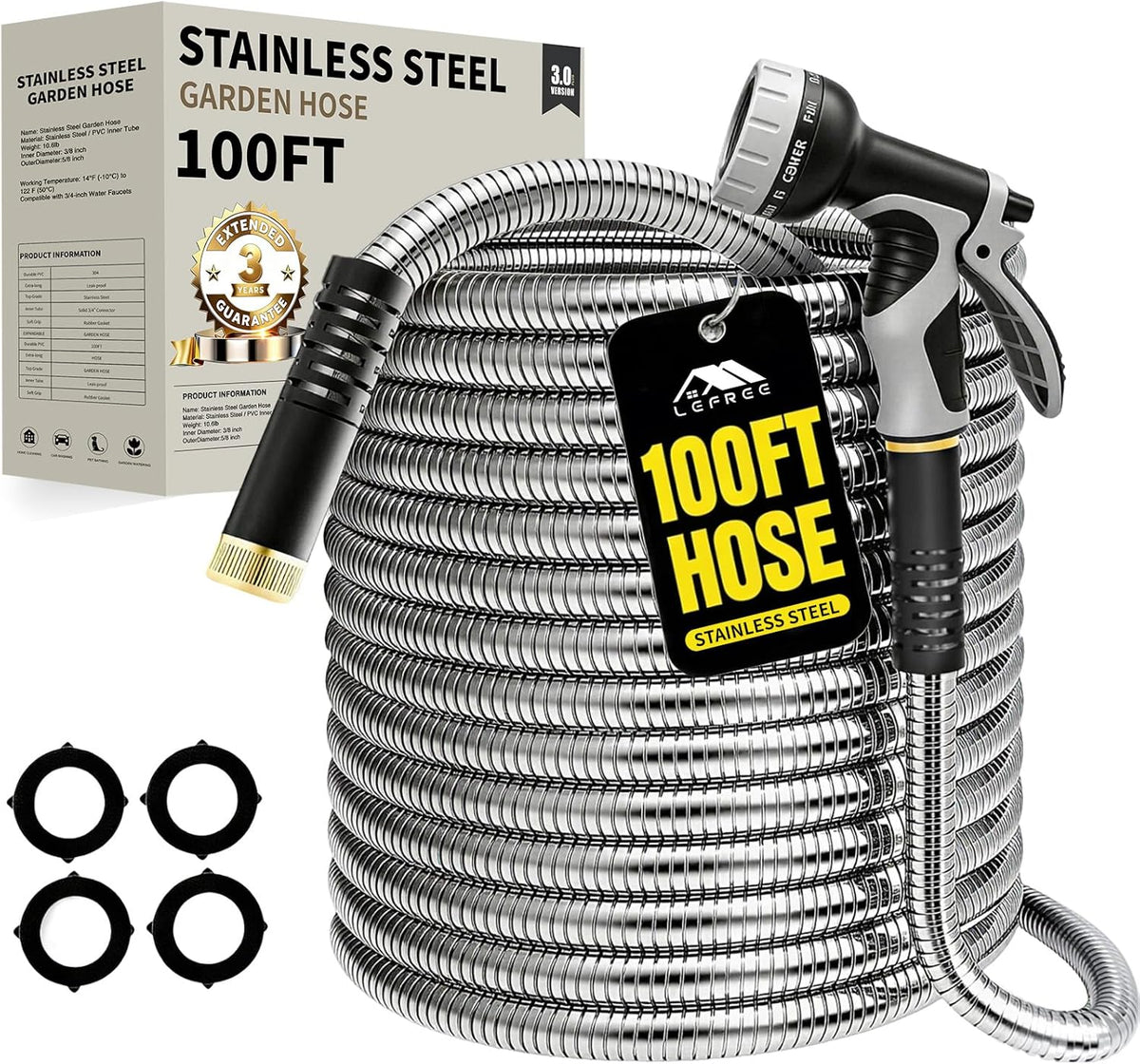 100ft Metal Garden Hose with Upgraded Leak‑Proof Rubber Sleeve