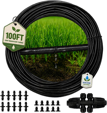 1/4" Irrigation Dripline Tubing (100 Ft Roll), Saving 80% Water, 6" Emitter Spacing, 0.5 GPH Emitters Built-In Drip Irrigation Line with 1/4" Fittings Included, Black