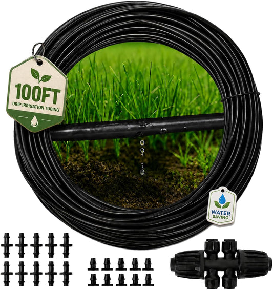 1/4" Irrigation Dripline Tubing (100 Ft Roll), Saving 80% Water, 6" Emitter Spacing, 0.5 GPH Emitters Built-In Drip Irrigation Line with 1/4" Fittings Included, Black