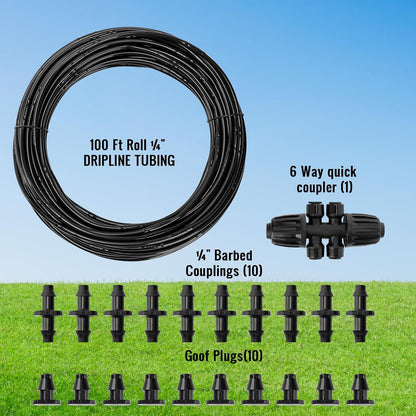 1/4" Irrigation Dripline Tubing (100 Ft Roll), Saving 80% Water, 6" Emitter Spacing, 0.5 GPH Emitters Built-In Drip Irrigation Line with 1/4" Fittings Included, Black