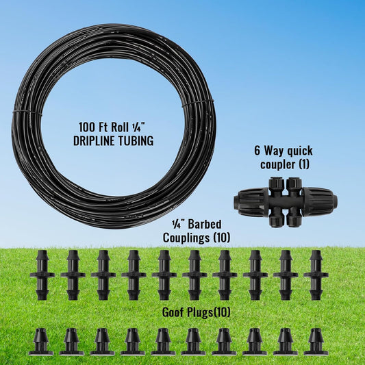 1/4" Irrigation Dripline Tubing (100 Ft Roll), Saving 80% Water, 6" Emitter Spacing, 0.5 GPH Emitters Built-In Drip Irrigation Line with 1/4" Fittings Included, Black