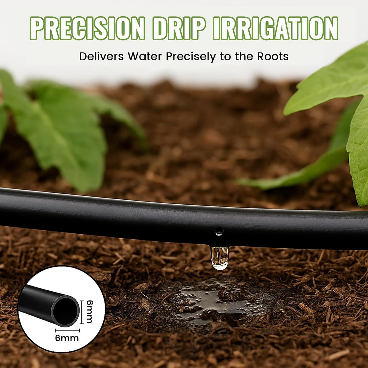 1/4" Irrigation Dripline Tubing (100 Ft Roll), Saving 80% Water, 6" Emitter Spacing, 0.5 GPH Emitters Built-In Drip Irrigation Line with 1/4" Fittings Included, Black