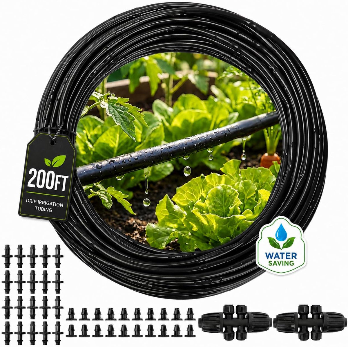 1/4" Irrigation Dripline Tubing (100 Ft Roll), Saving 80% Water, 6" Emitter Spacing, 0.5 GPH Emitters Built-In Drip Irrigation Line with 1/4" Fittings Included, Black
