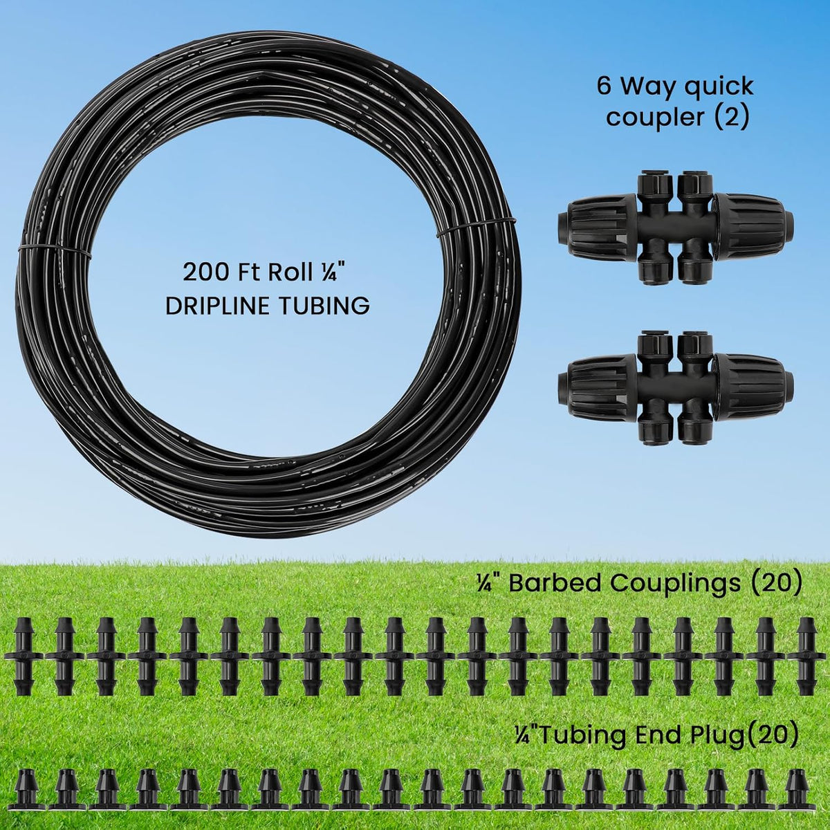 1/4" Irrigation Dripline Tubing (100 Ft Roll), Saving 80% Water, 6" Emitter Spacing, 0.5 GPH Emitters Built-In Drip Irrigation Line with 1/4" Fittings Included, Black