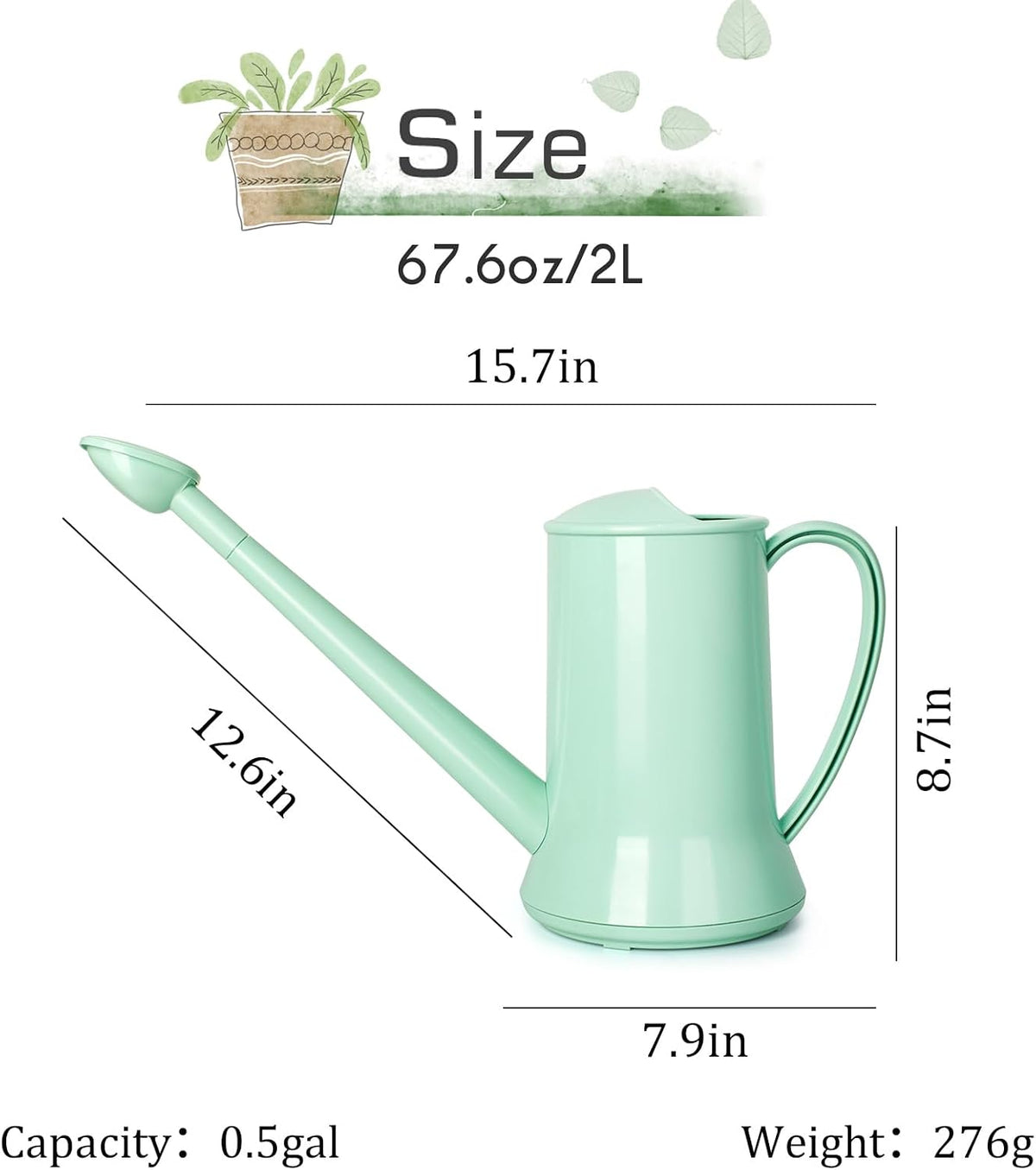 Small Watering Can, 67oz (1/2 Gallon) Indoor Houseplants Green