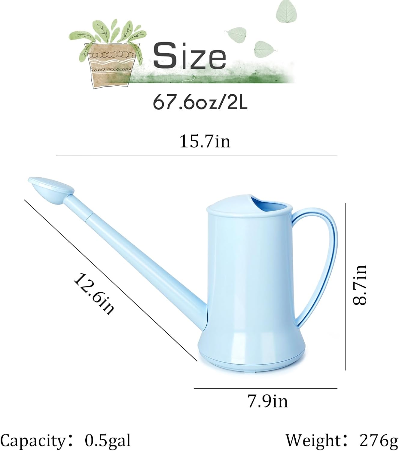 Small Watering Can, 67oz (1/2 Gallon) Indoor Houseplants Green