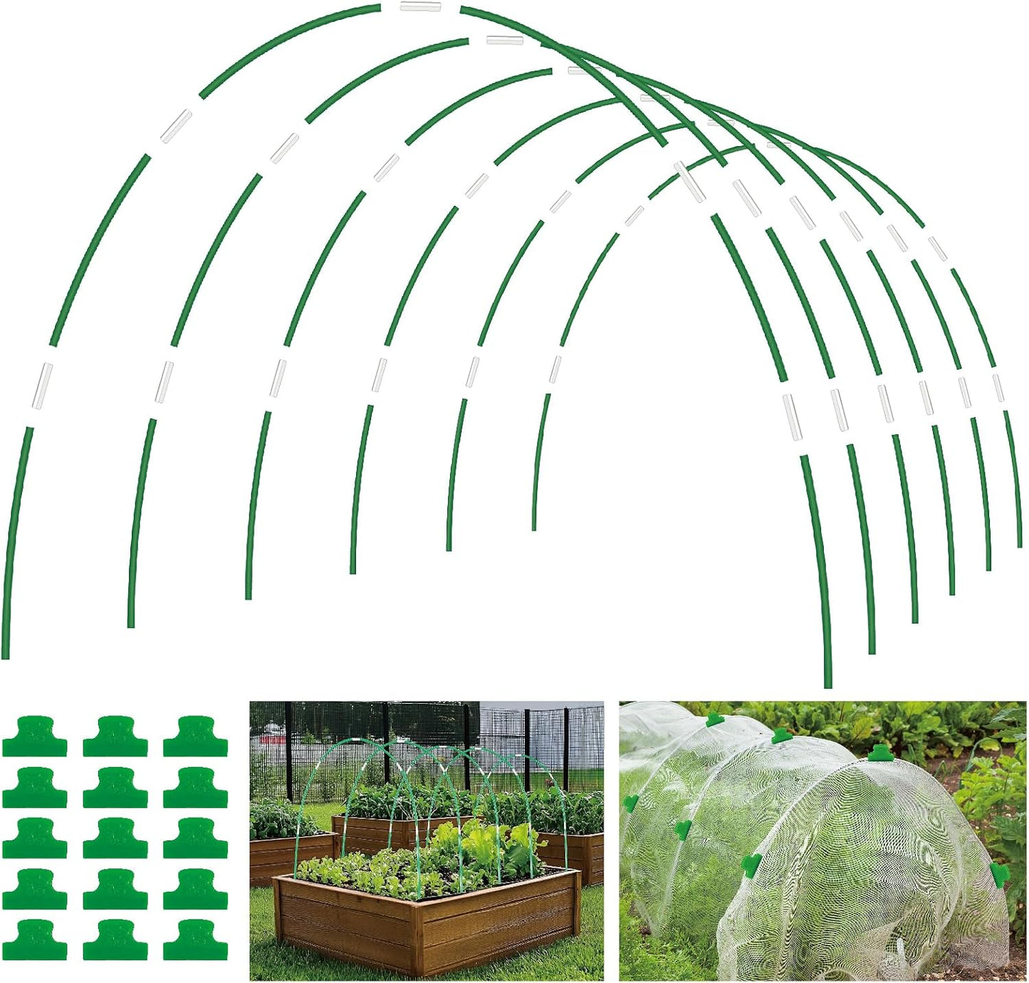 60PCS Garden Hoops for Raised Beds, 8FT Rust-Free Fiberglass Greenhouse Hoops, DIY Frame Stake to Create Grow Tunnels, Plant Support Row Covers & Garden Netting, 40Pcs Clips