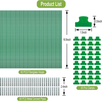60PCS Garden Hoops for Raised Beds, 8FT Rust-Free Fiberglass Greenhouse Hoops, DIY Frame Stake to Create Grow Tunnels, Plant Support Row Covers & Garden Netting, 40Pcs Clips