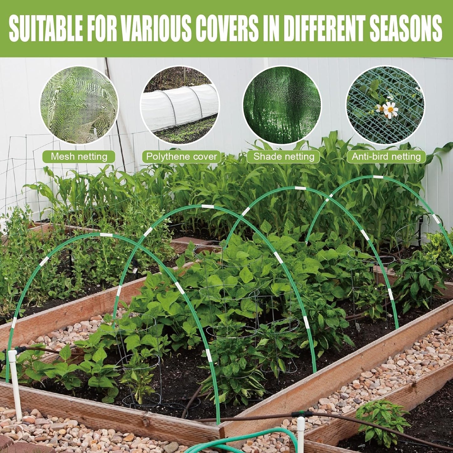 60PCS Garden Hoops for Raised Beds, 8FT Rust-Free Fiberglass Greenhouse Hoops, DIY Frame Stake to Create Grow Tunnels, Plant Support Row Covers & Garden Netting, 40Pcs Clips