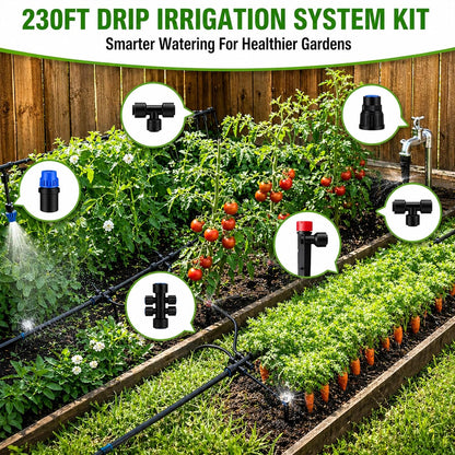 230FT Drip Irrigation System Kit, Quick Push-to-Connect Auto Garden Watering Irrigation System with 33FT 1/2'' & 197FT 1/4'' Tubing, Adjustable Dripper Sprayers for Raised Bed, Lawn, Greenhouse
