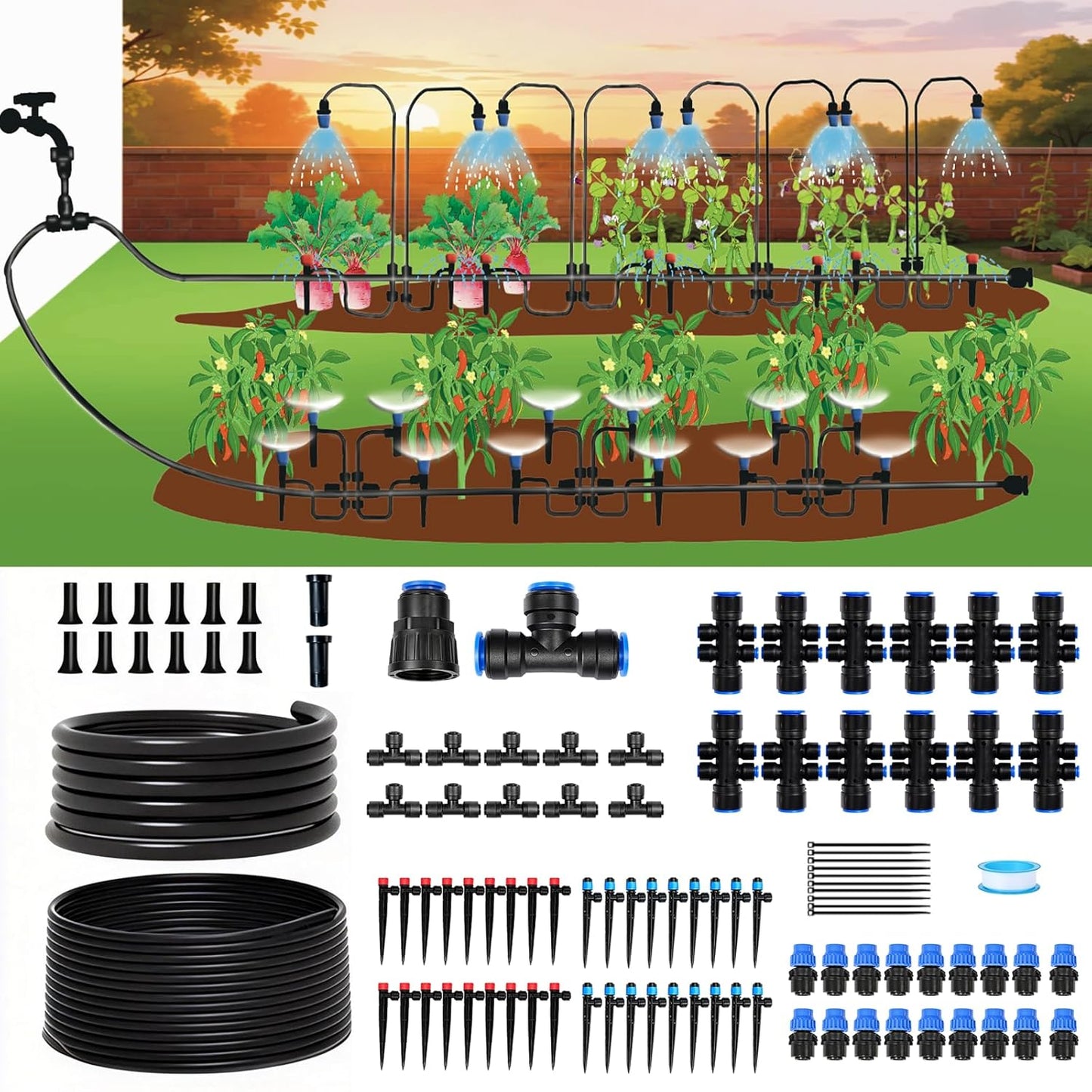 230FT Drip Irrigation System Kit, Quick Push-to-Connect Auto Garden Watering Irrigation System with 33FT 1/2'' & 197FT 1/4'' Tubing, Adjustable Dripper Sprayers for Raised Bed, Lawn, Greenhouse