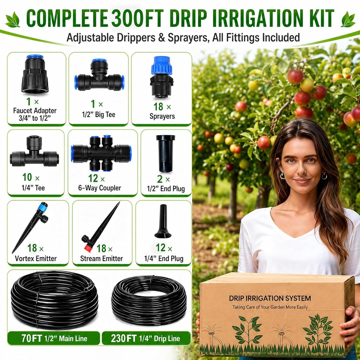 230FT Drip Irrigation System Kit, Quick Push-to-Connect Auto Garden Watering Irrigation System with 33FT 1/2'' & 197FT 1/4'' Tubing, Adjustable Dripper Sprayers for Raised Bed, Lawn, Greenhouse