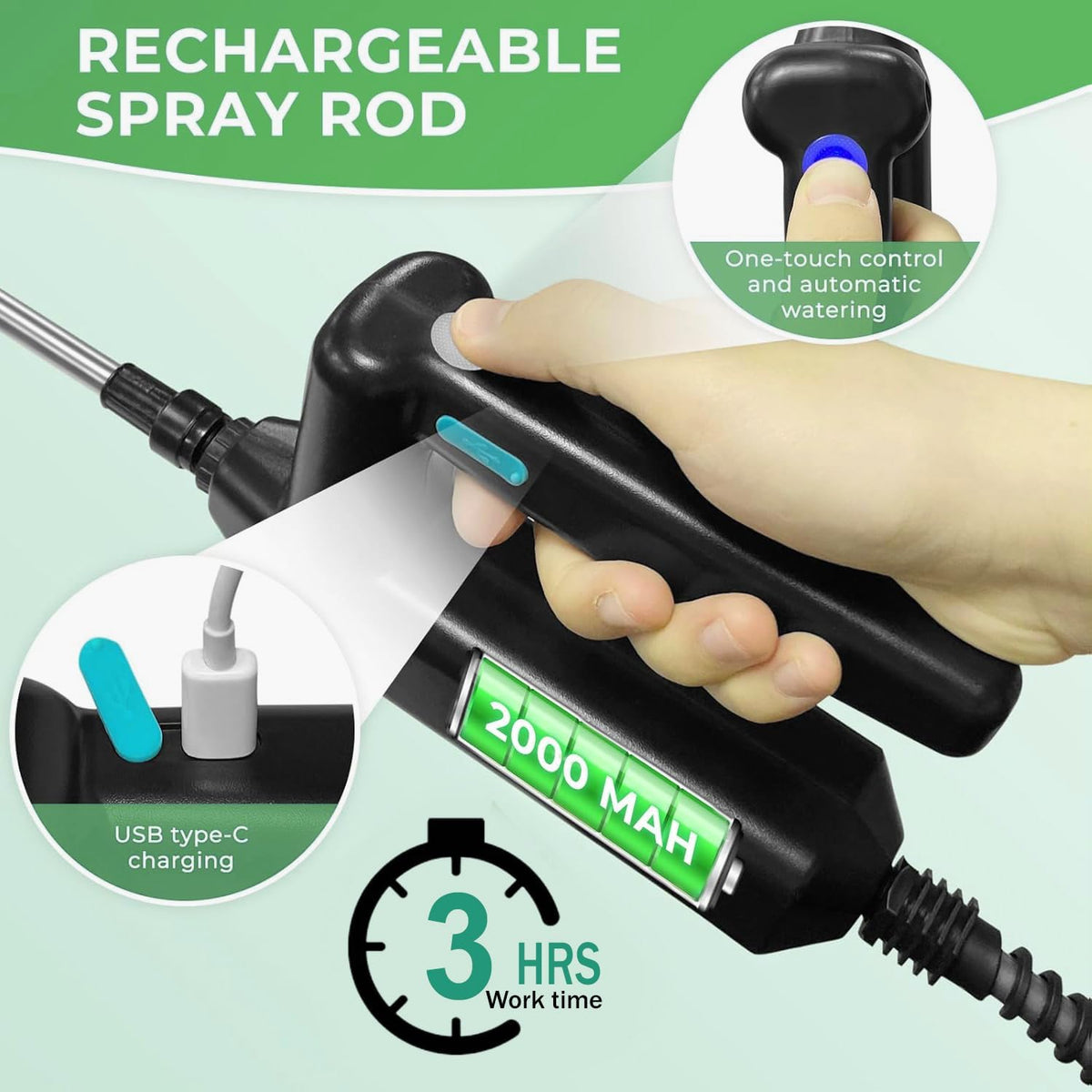 Battery Powered Sprayer Wand,Electric Plant Sprayer Telescopic Watering Wand with 26.5FT Hose,Rechargeable Electric Watering Sprayer Handle with 3 Adjustable Nozzles & Filter for Weed, Lawn and Garden