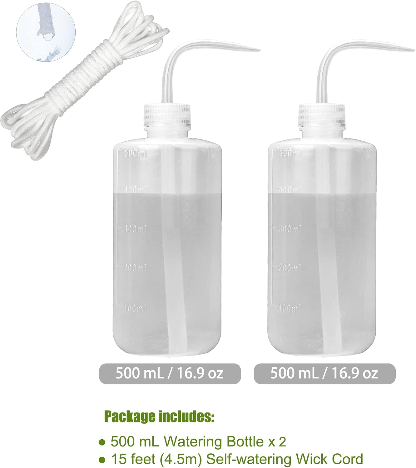 ORIMERC 2 Pack Plant Watering Bottle for Indoor Plants, 500mL Succulent Watering Bottle, Come with 15 ft Self Watering Wick Cord, Squeeze Watering Can Waterer Seedlings Terrarium Lab Tatoo Eye Wash