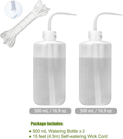 ORIMERC 2 Pack Plant Watering Bottle for Indoor Plants, 500mL Succulent Watering Bottle, Come with 15 ft Self Watering Wick Cord, Squeeze Watering Can Waterer Seedlings Terrarium Lab Tatoo Eye Wash