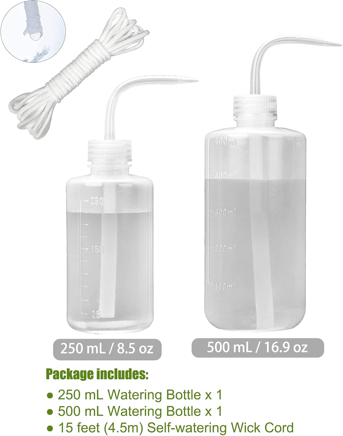 ORIMERC 2 Pack Plant Watering Bottle for Indoor Plants, 500mL Succulent Watering Bottle, Come with 15 ft Self Watering Wick Cord, Squeeze Watering Can Waterer Seedlings Terrarium Lab Tatoo Eye Wash