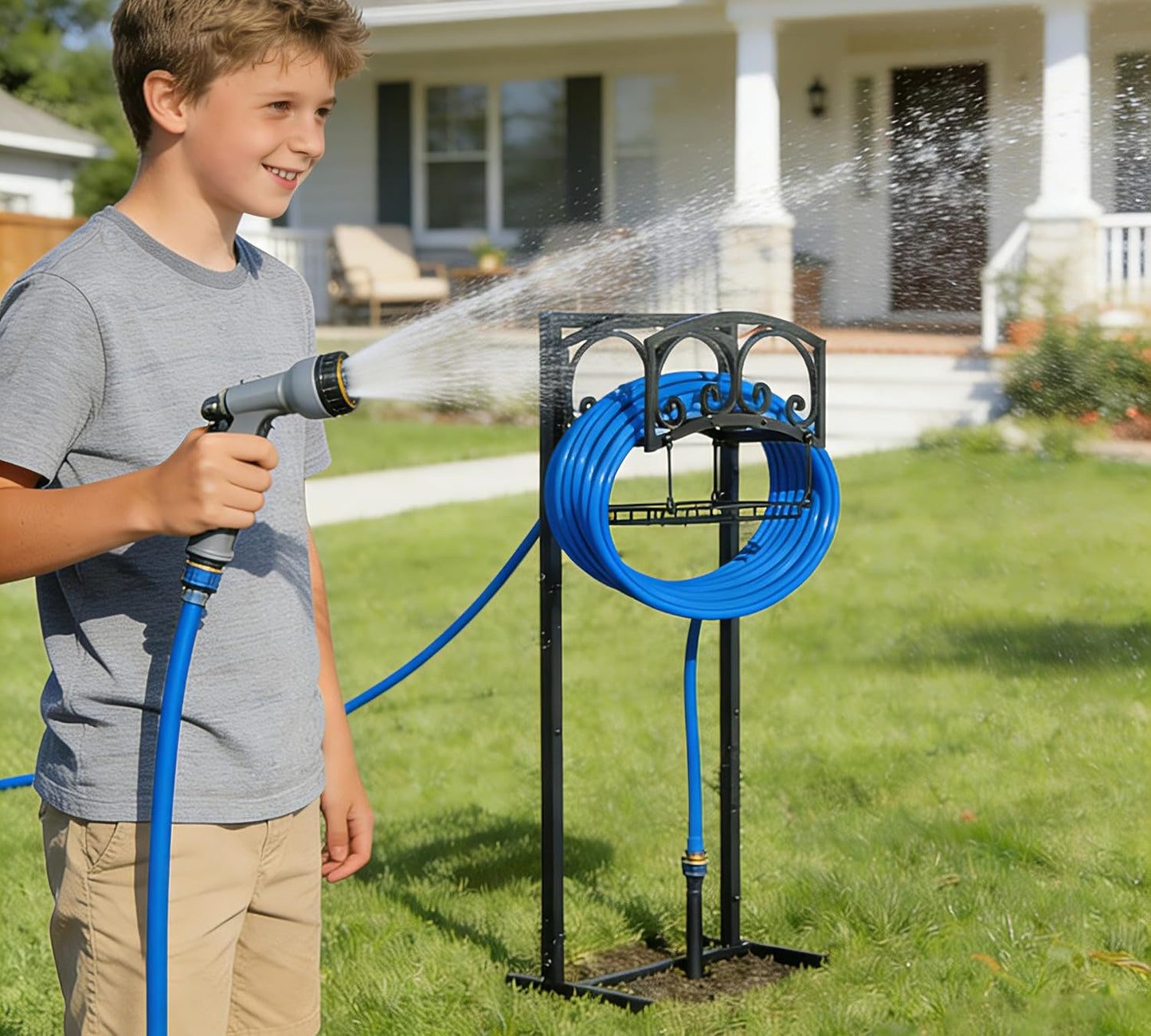 Freestanding Garden Hose Holder - Heavy Duty Metal Stand for 150ft Hose - Outdoor Organizer and Storage Rack