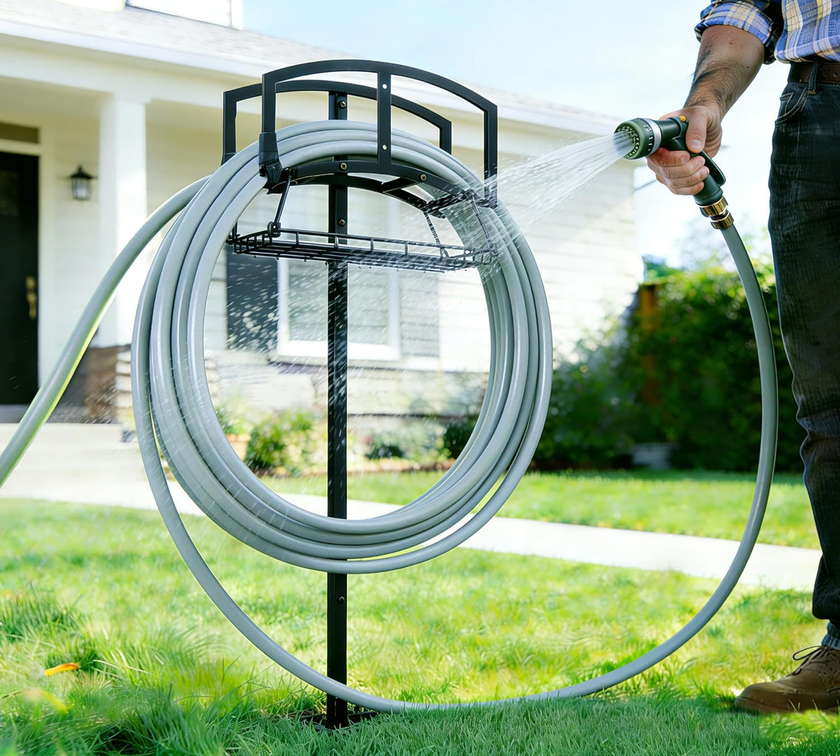 Freestanding Garden Hose Holder - Heavy Duty Metal Stand for 150ft Hose - Outdoor Organizer and Storage Rack