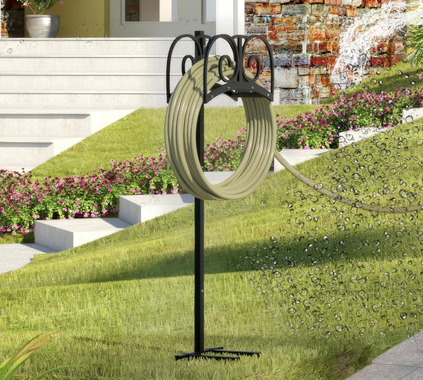 Freestanding Garden Hose Holder - Heavy Duty Metal Stand for 150ft Hose - Outdoor Organizer and Storage Rack