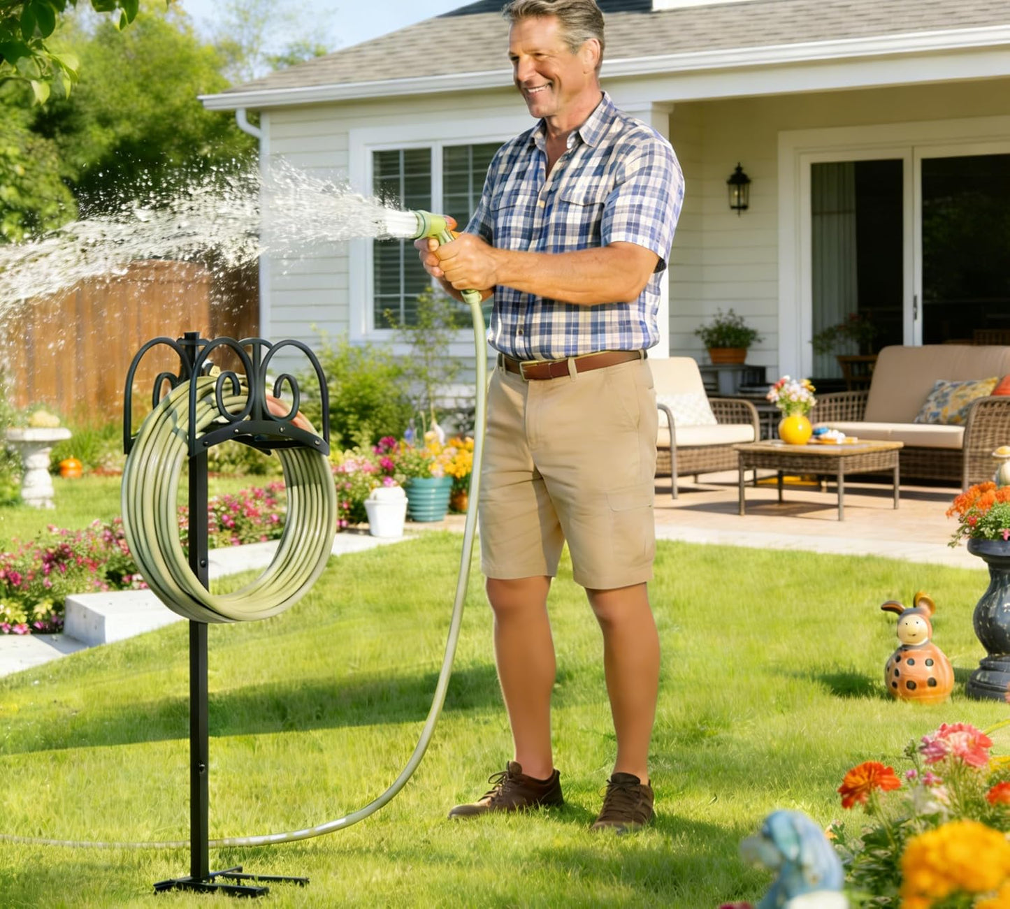 Freestanding Garden Hose Holder - Heavy Duty Metal Stand for 150ft Hose - Outdoor Organizer and Storage Rack