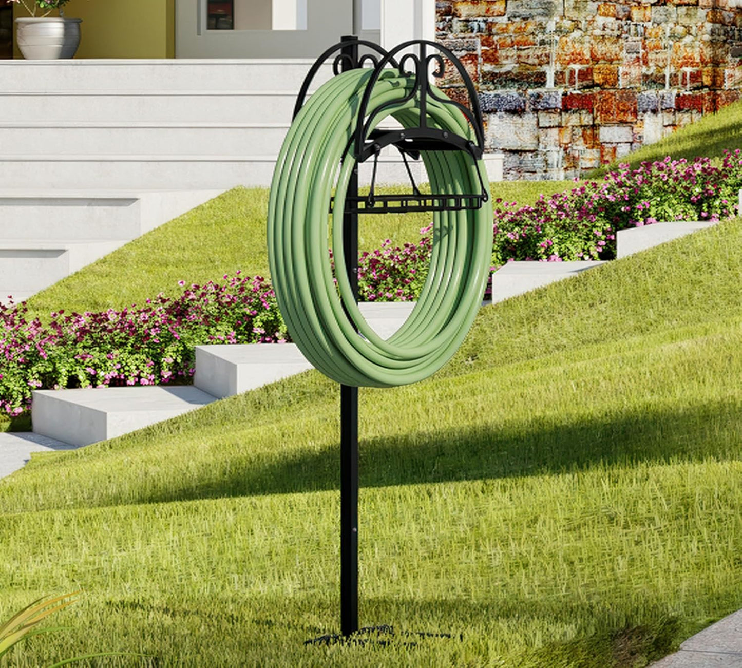 Freestanding Garden Hose Holder - Heavy Duty Metal Stand for 150ft Hose - Outdoor Organizer and Storage Rack