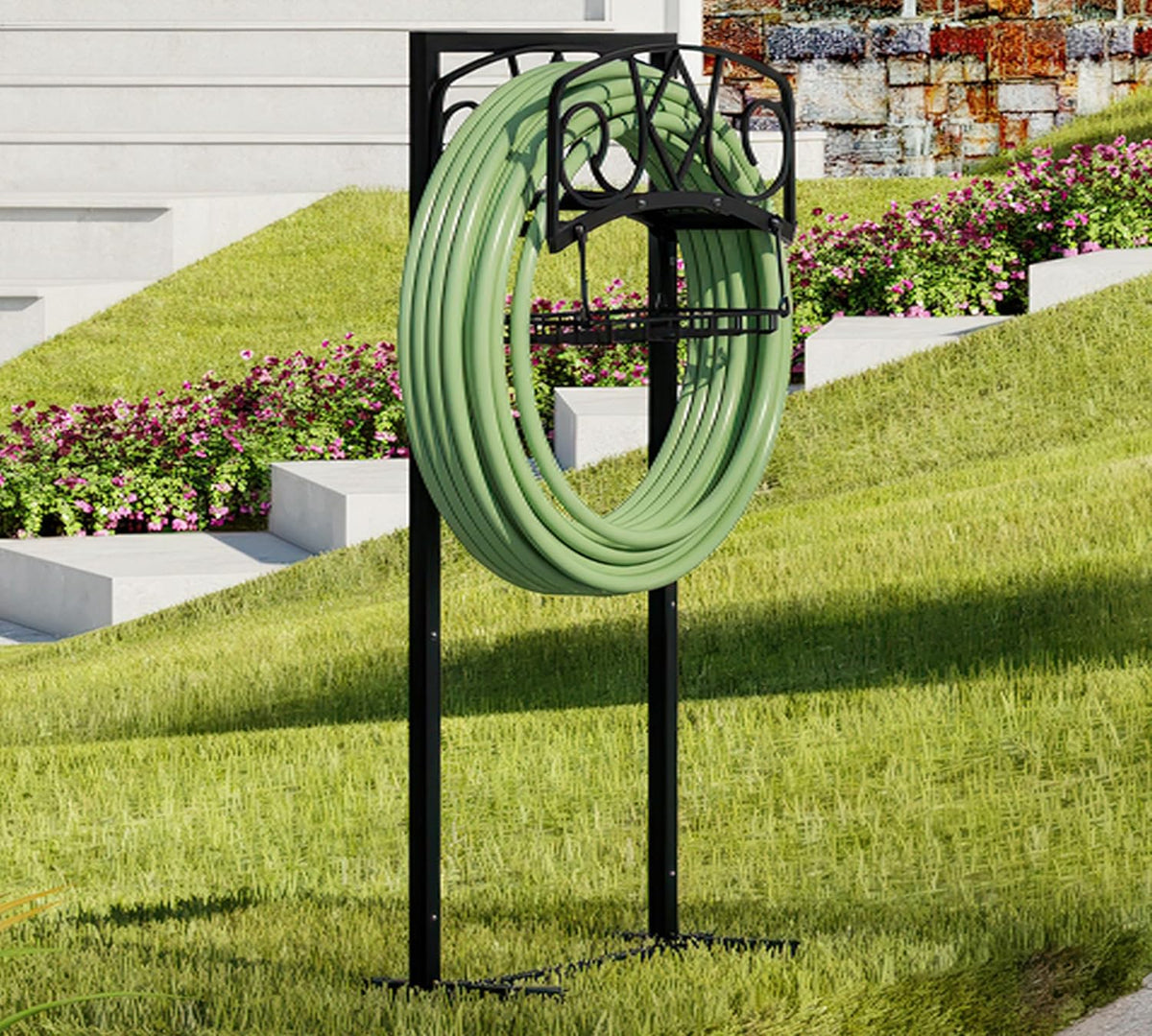 Freestanding Garden Hose Holder - Heavy Duty Metal Stand for 150ft Hose - Outdoor Organizer and Storage Rack