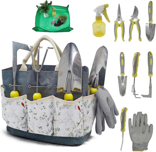 11-Piece Stainless Steel Gardening Tool Set with Floral Tote Bag