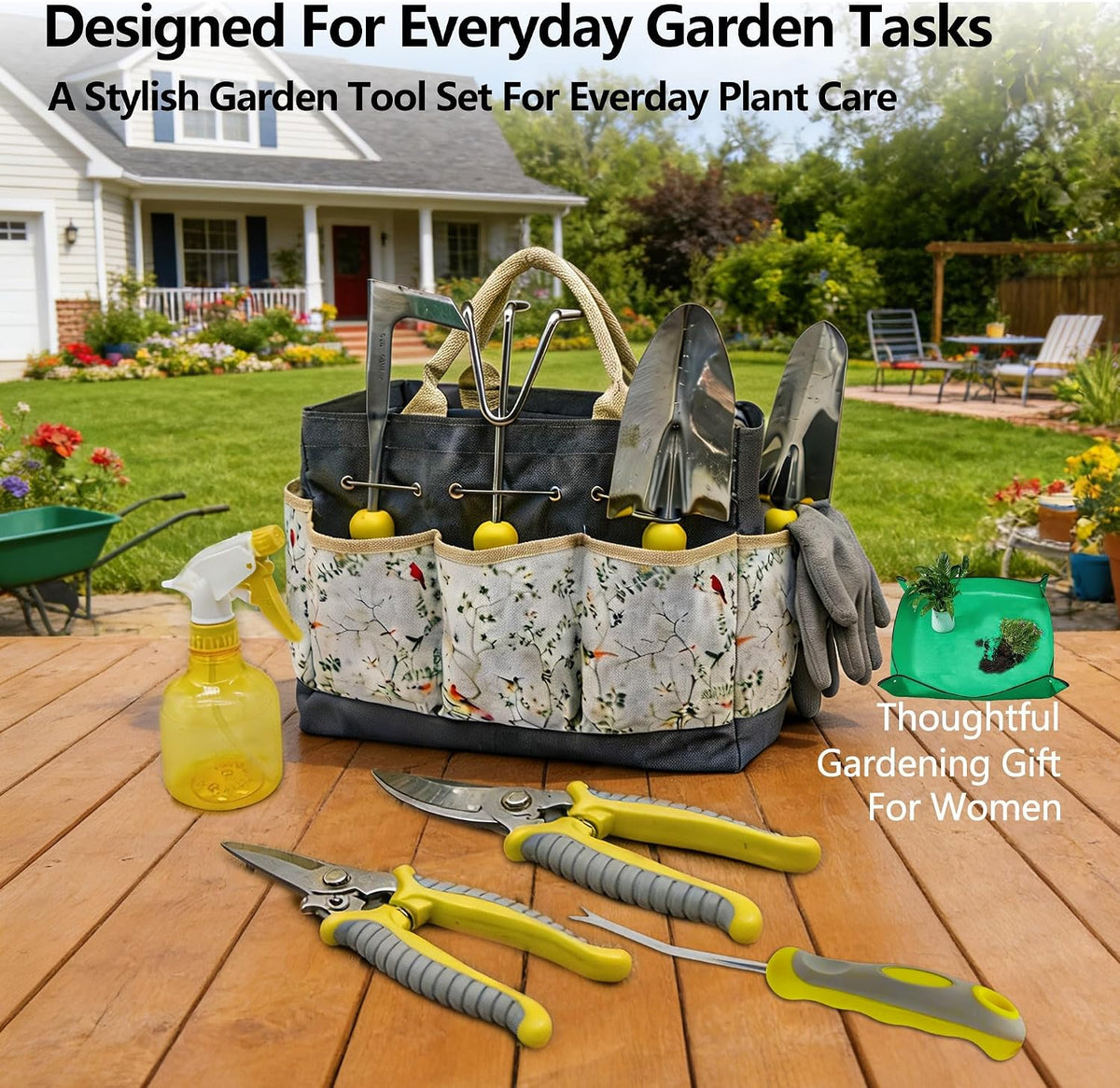11-Piece Stainless Steel Gardening Tool Set with Floral Tote Bag