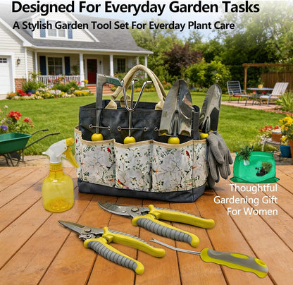 11-Piece Stainless Steel Gardening Tool Set with Floral Tote Bag