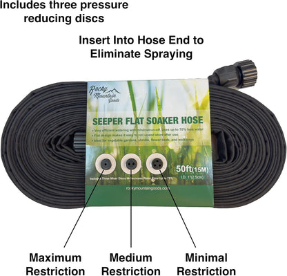 50 Foot Flat Weeper Soaker Hose - Drip Irrigation - Double Layer Design - Saves 70% Water - Consistent Drip Entire Length of Hose - Includes 3 Pressure Reducing Discs
