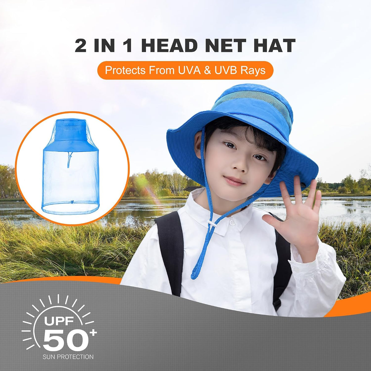 Kids Mosquito Head Net Hat UPF 50+ Sun Protection Bug Cap