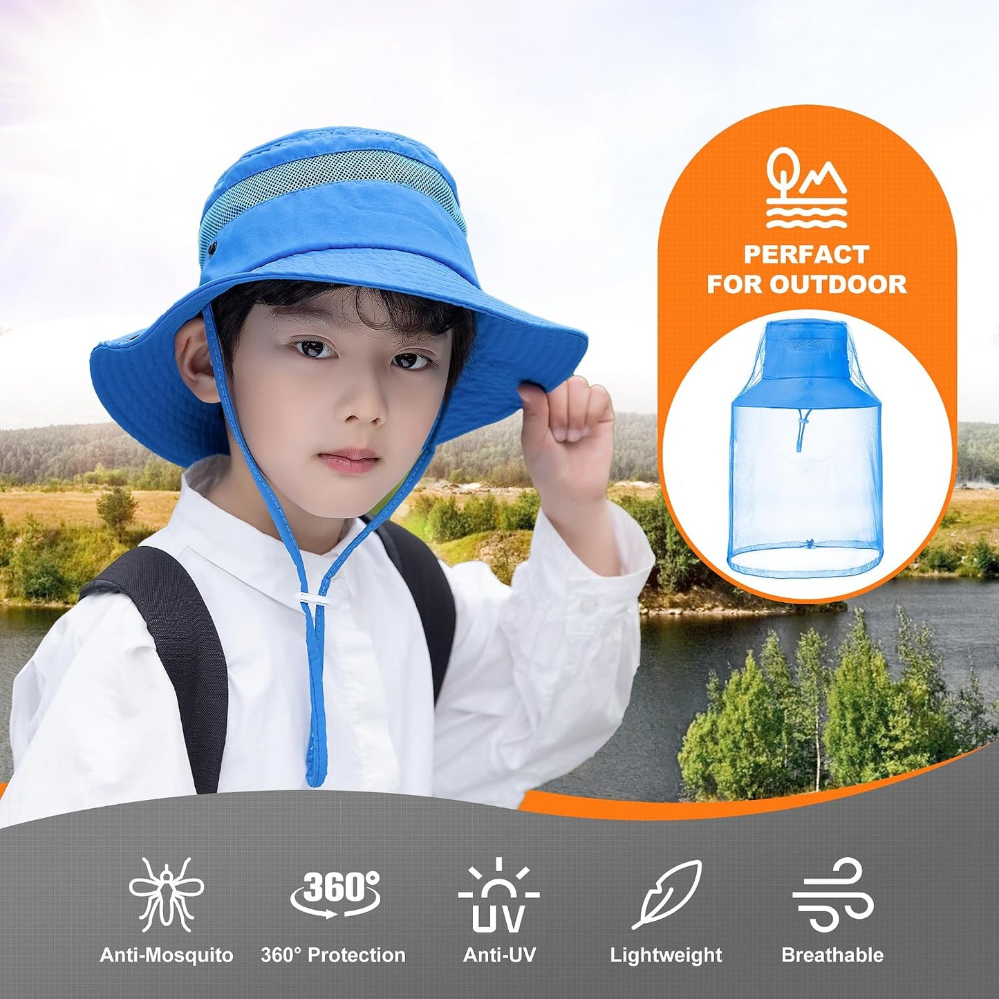 Kids Mosquito Head Net Hat UPF 50+ Sun Protection Bug Cap