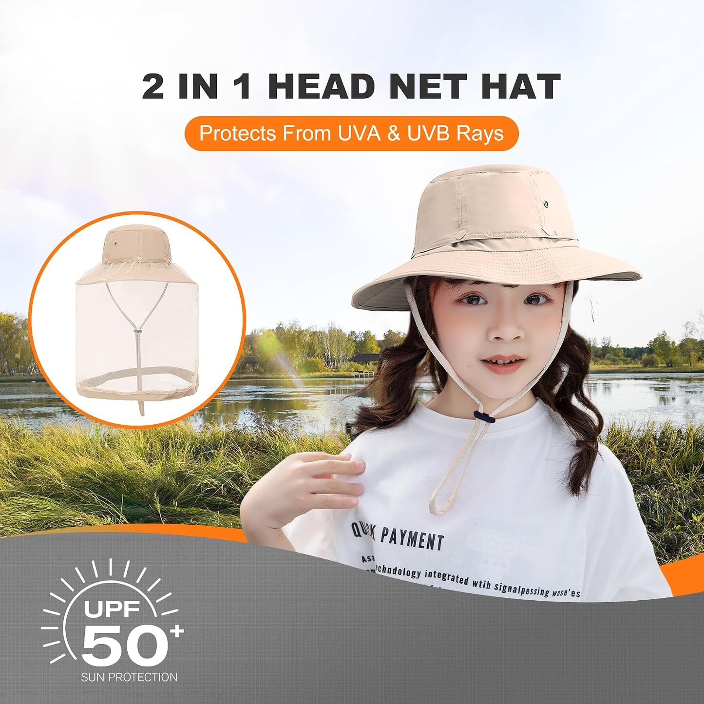 Kids Mosquito Head Net Hat UPF 50+ Sun Protection Bug Cap