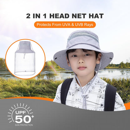 Kids Mosquito Head Net Hat UPF 50+ Sun Protection Bug Cap