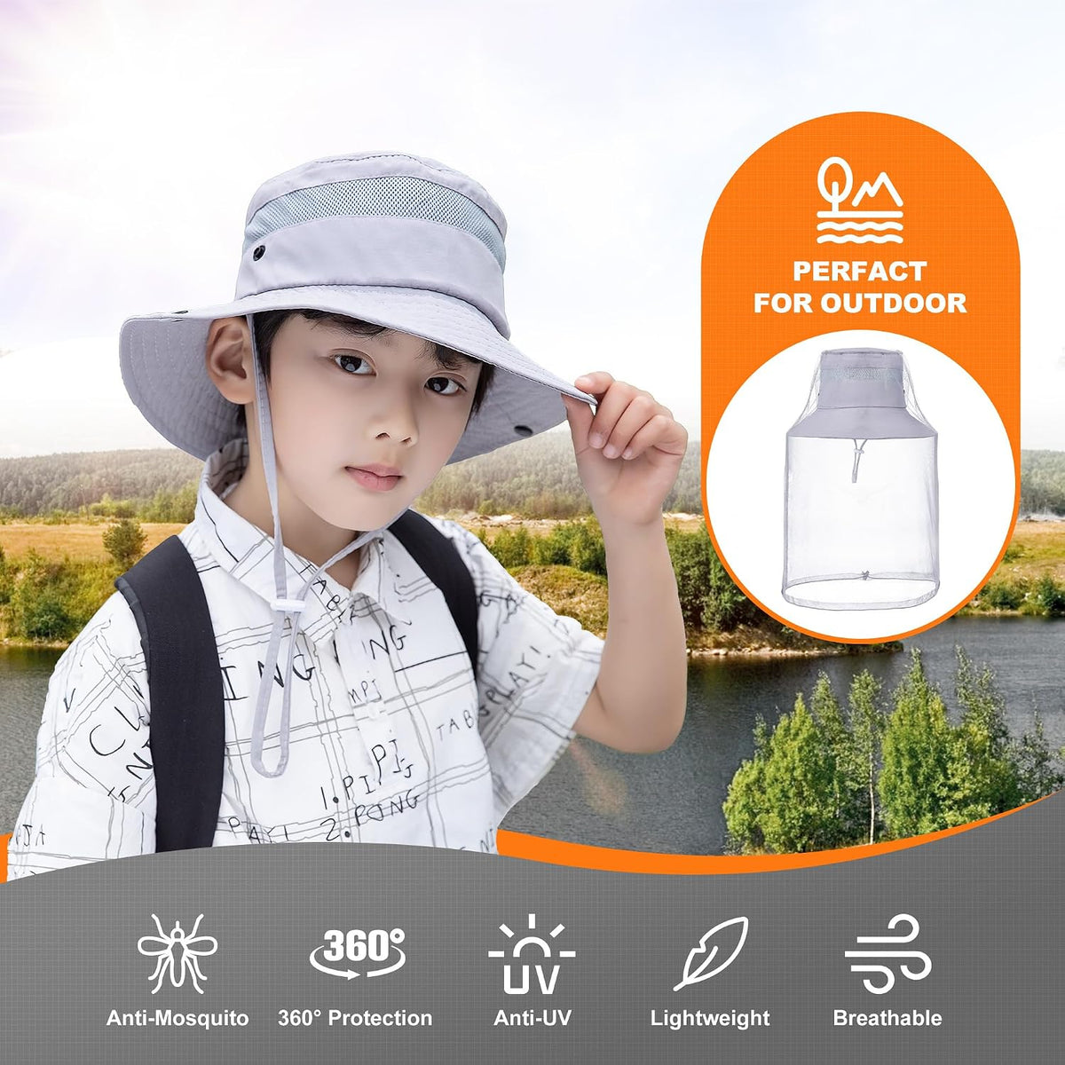 Kids Mosquito Head Net Hat UPF 50+ Sun Protection Bug Cap
