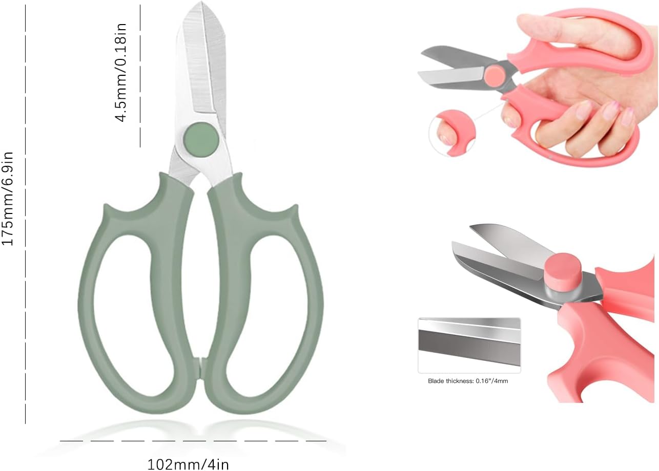 Flower Scissors, Premium Thickened Stainless Steel Floral Shears, Strong Pruner for Flowers, Branches and Leaves (Grey Green Slender)