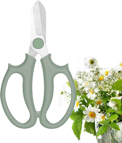 Flower Scissors, Premium Thickened Stainless Steel Floral Shears, Strong Pruner for Flowers, Branches and Leaves (Grey Green Slender)