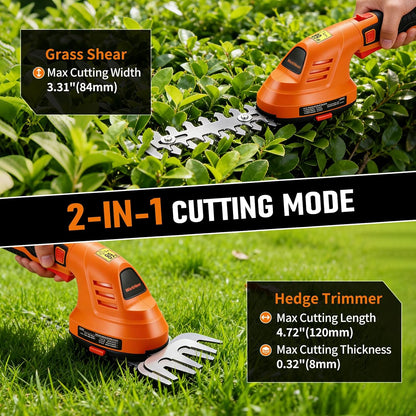 Electric Hedge Trimmer Cordless, 2-in-1 Lightweight Handheld Grass Trimmer Hedge Shears/Cutter, 8V Battery Powered Rechargeable Garden Tool for Yard, Lawn