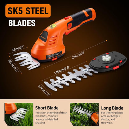 Electric Hedge Trimmer Cordless, 2-in-1 Lightweight Handheld Grass Trimmer Hedge Shears/Cutter, 8V Battery Powered Rechargeable Garden Tool for Yard, Lawn