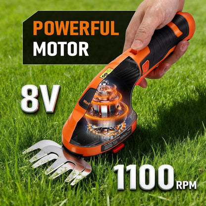 Electric Hedge Trimmer Cordless, 2-in-1 Lightweight Handheld Grass Trimmer Hedge Shears/Cutter, 8V Battery Powered Rechargeable Garden Tool for Yard, Lawn