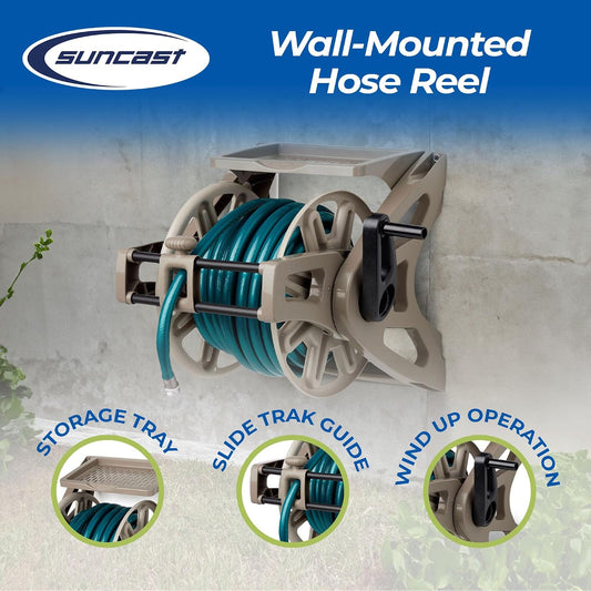 Slide Trak Garden Hose Reel, Wall-Mount Holder with Storage Tray, Dark Taupe - Outdoor Mounted Organizer for 175 Ft of 5/8" Standard Vinyl Water Hoses in Lawn and Yard
