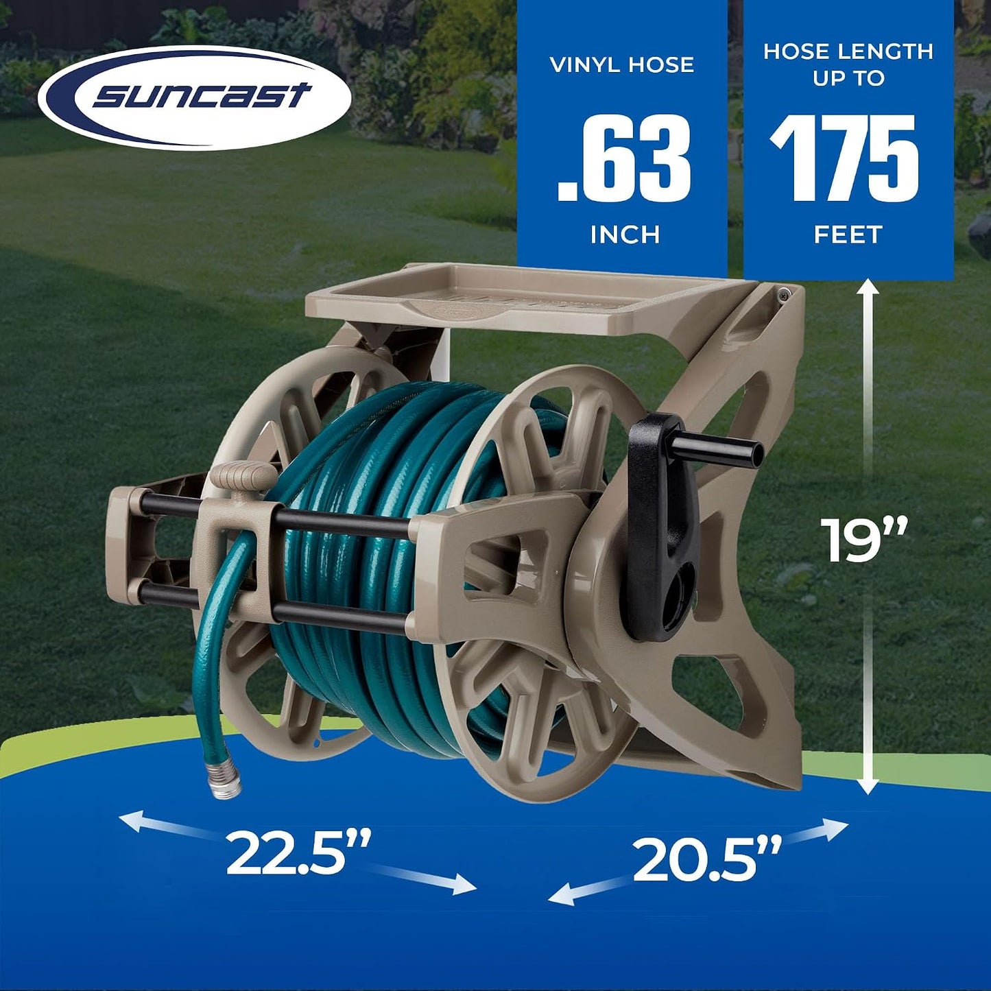 Slide Trak Garden Hose Reel, Wall-Mount Holder with Storage Tray, Dark Taupe - Outdoor Mounted Organizer for 175 Ft of 5/8" Standard Vinyl Water Hoses in Lawn and Yard